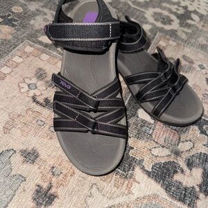 Teva Women's Black Strappy Sport Sandals with Purple Logo Accent